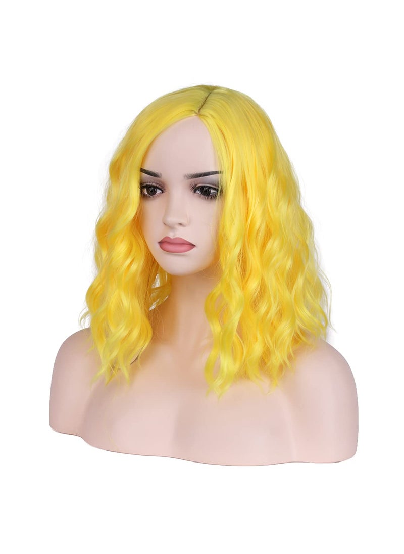 MAGQOO MAGQOO Yellow Wig Side Part Short Curly Wavy Bob Wig Yellow Hair Wigs Synthetic Halloween Cosplay Costume Party Wigs Yellow Women Girls 