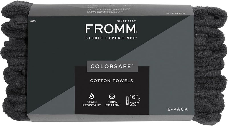 Fromm ColorSafe 100% Cotton Bleach Proof Salon Hair Towels - 6 Pack, Black, 16" x 29" - Image 1