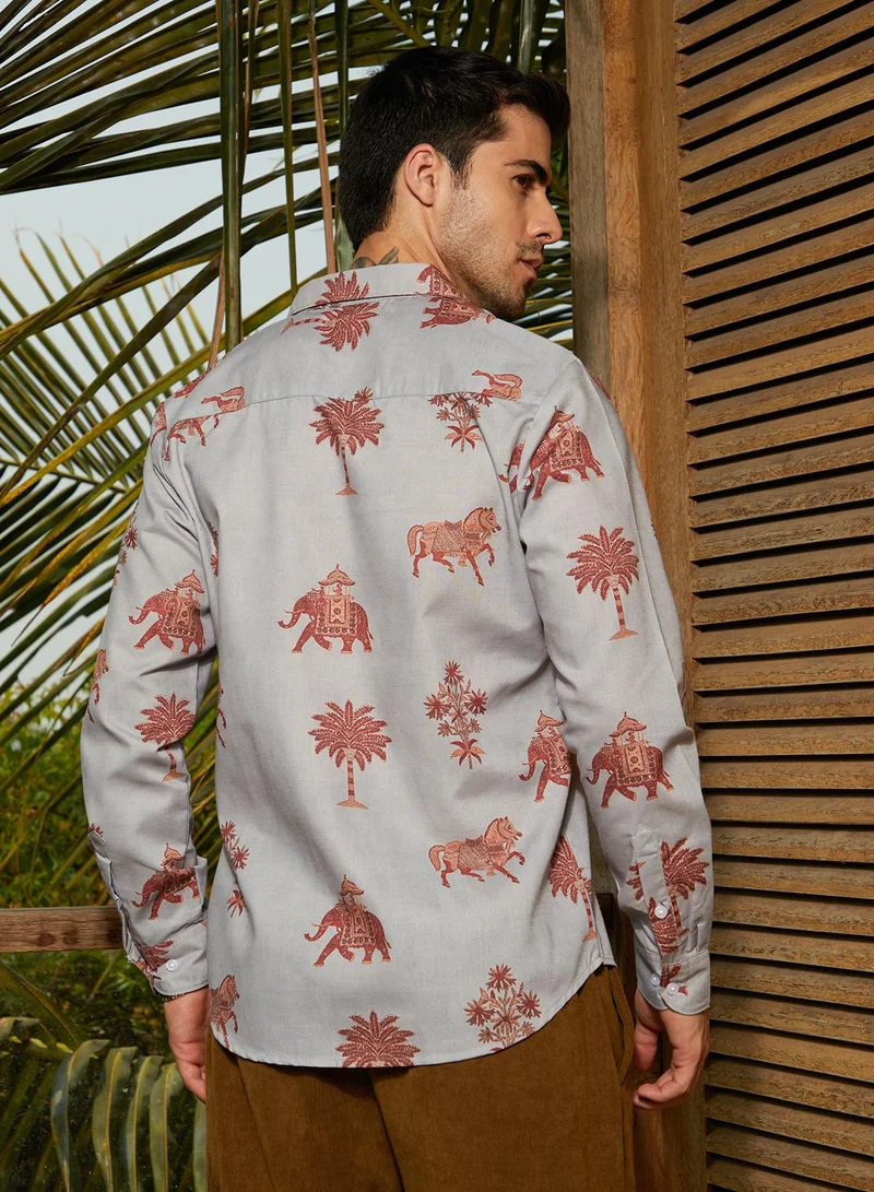 كامبوس سوترا Men's Cloud Grey & Chocolate Brown Vedic-Imprint Shirt