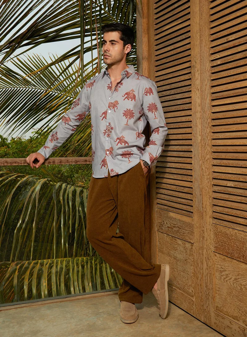 كامبوس سوترا Men's Cloud Grey & Chocolate Brown Vedic-Imprint Shirt