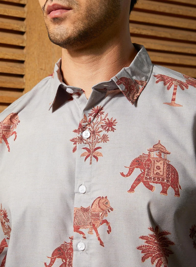 كامبوس سوترا Men's Cloud Grey & Chocolate Brown Vedic-Imprint Shirt