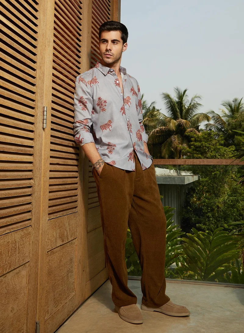 كامبوس سوترا Men's Cloud Grey & Chocolate Brown Vedic-Imprint Shirt