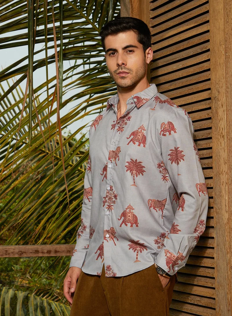 كامبوس سوترا Men's Cloud Grey & Chocolate Brown Vedic-Imprint Shirt