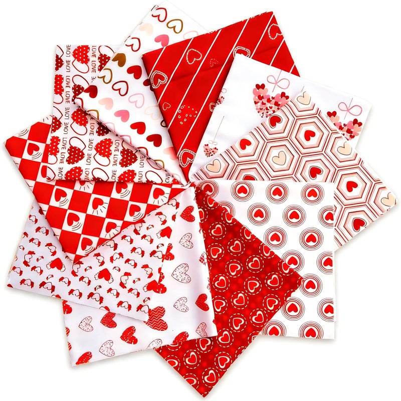 Taefaba 10 Pcs Valentine's Day Polyester Fabric Bundles, 19.69x19.69Inch Cloth with Love Heart Patterns Soft Quilting Patchwork Projects Holiday Squares Sewing Fabrics for DIY Handmade Crafts Decorations - Image 1