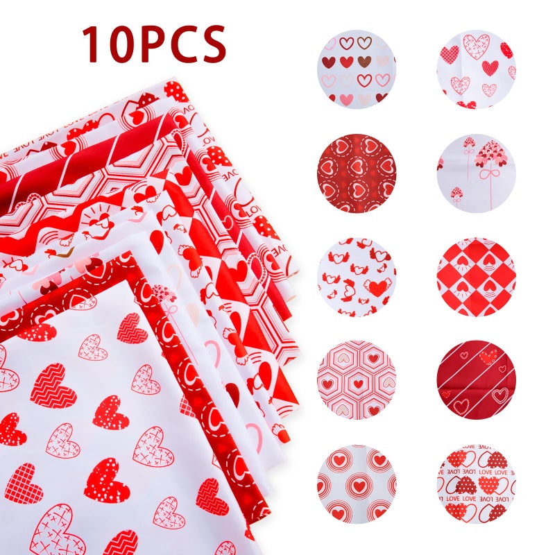 Taefaba 10 Pcs Valentine's Day Polyester Fabric Bundles, 19.69x19.69Inch Cloth with Love Heart Patterns Soft Quilting Patchwork Projects Holiday Squares Sewing Fabrics for DIY Handmade Crafts Decorations - Image 3