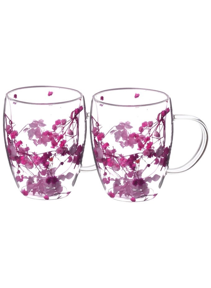 DOUBLE WALLED COFFEE CUPS 350ML - SET OF 2, BOROSILICATE GLASS MUGS WITH REAL DRY FLOWERS, INSULATED TEA AND COFFEE CUPS, GIFT SET FOR HOLIDAY AND VALENTINE'S DAY (PINK)