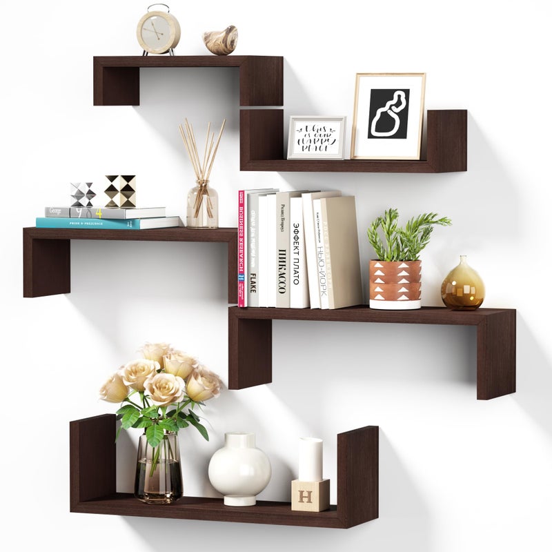 SRIWATANA Floating Shelves for Wall Wall Shelves for Bathroom Bedroom Living Room Kitchen Office Wood Shelves for Home Decor Set of 5 Dark Walnut