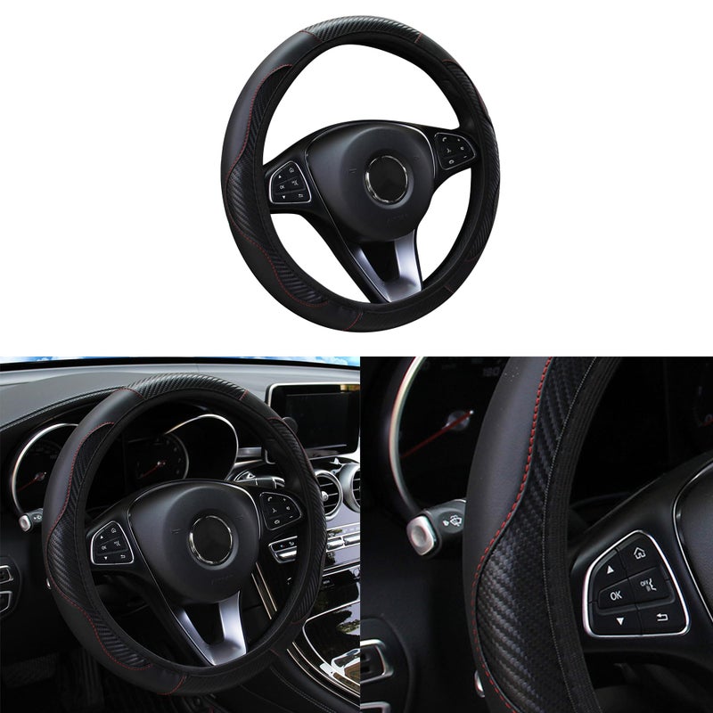 Couslcd Car Steering Wheel Cover 15 inch Carbon Fiber Microfiber PU Leather Elastic Steering Wheel Protector for Men Women AntiSlip Breathable Car Interior Accessories for Most Cars Black - Image 3