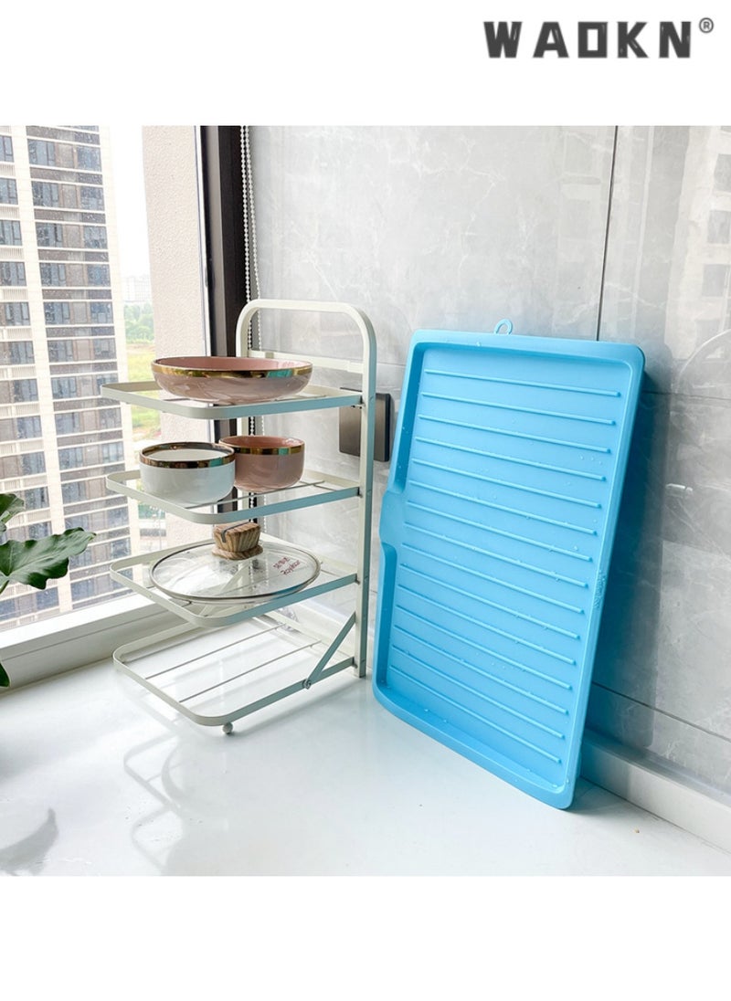 WAOKN Multifunctional large kitchen drain tray fruit and vegetable plastic drain tray rectangular bowl and chopsticks tableware drain rack（blue）  - Image 2