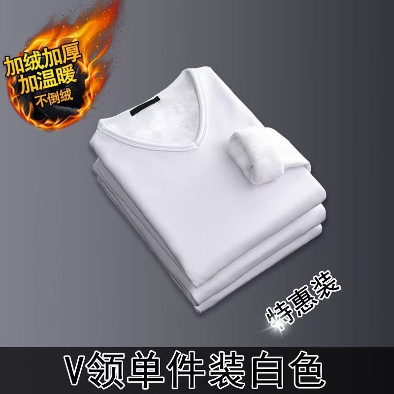 Mens Autumn Clothes 2024 Winter fleece-lined Thickened Thermal Underwear Youth Can Wear One-Piece Top T-Shirt Base Shirt White [V collar]]