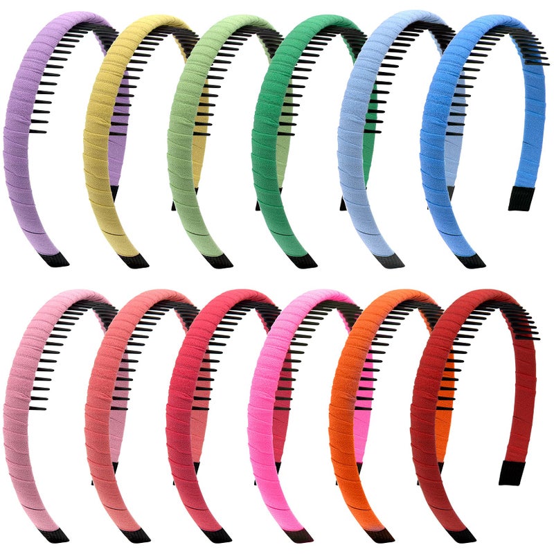Duufin 12 Pieces Girls Headbands with Teeth Comb Headband Non-slip Colorful Hair Teeth Headbands for Girls, Candy Color - Image 1