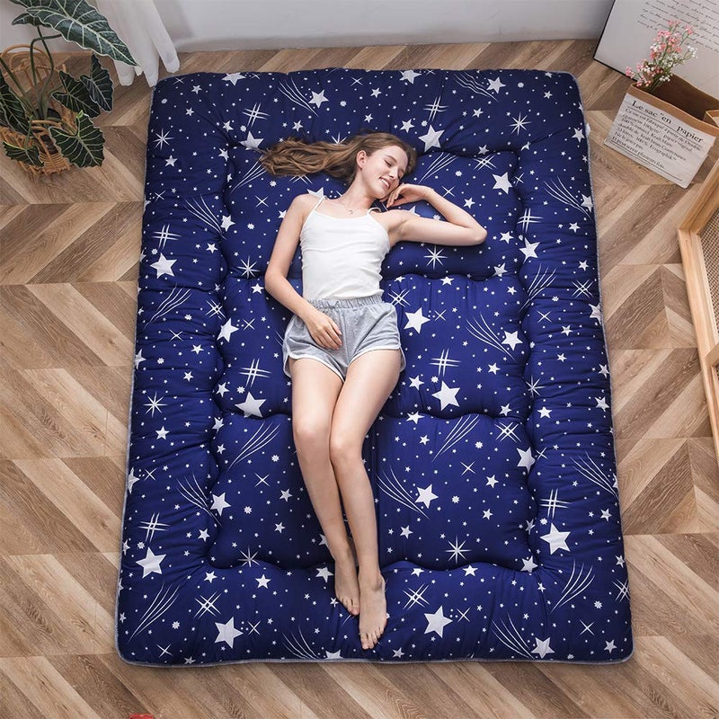 MAXYOYO MAXYOYO Navy Starry Sky Japanese Floor Futon Mattress Tatami Floor Mat Portable Camping Mattress Kids Sleeping Pad Foldable Rolling Up Floor Lounger Couch Bed Queen with Mattress Protector Cover 