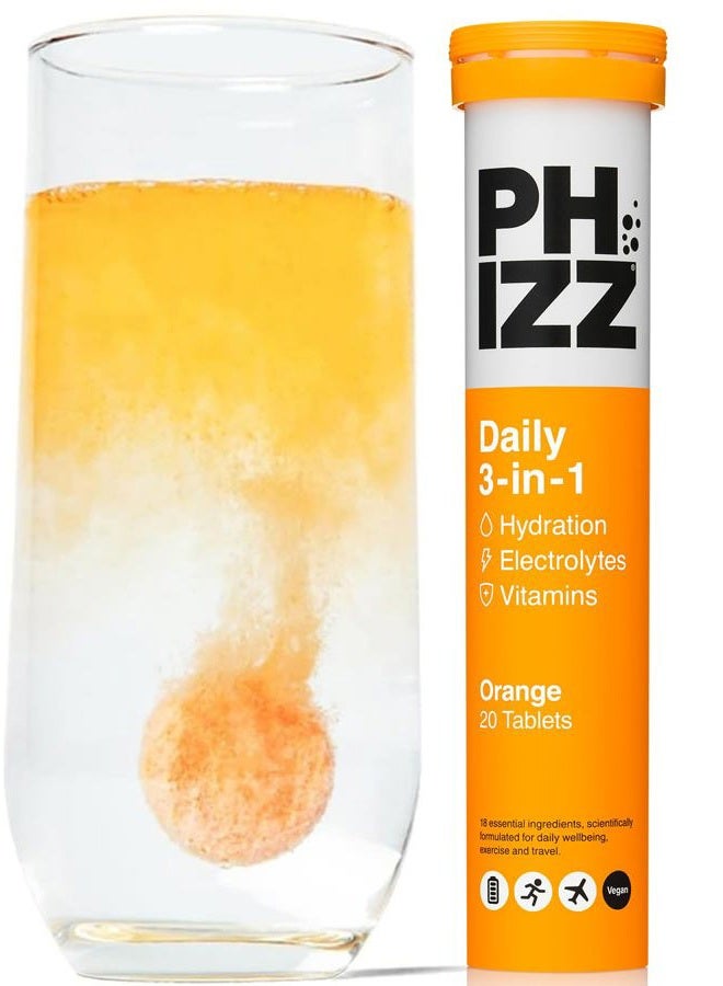 PHIZZ Electrolytes, Multivitamin & Hydration Tablets - 20 Effervescent Rehydration Electrolyte Tablets - 18 Vitamins & Minerals, Vitamin C, Vegan, Vegetarian & Low Calorie (Orange, 20 Tablets) - Image 1