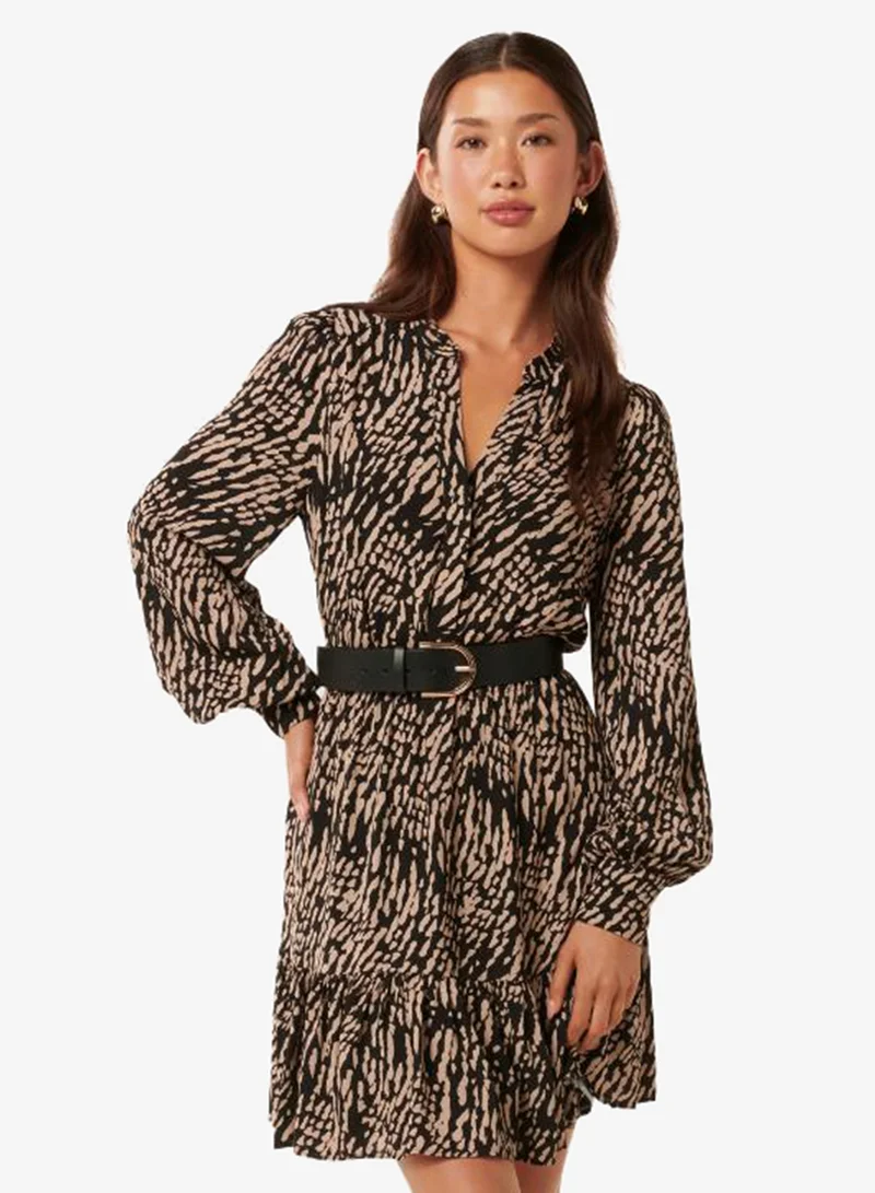 Hollie Belt Detail Printed Puff Sleeve Mini Dress
