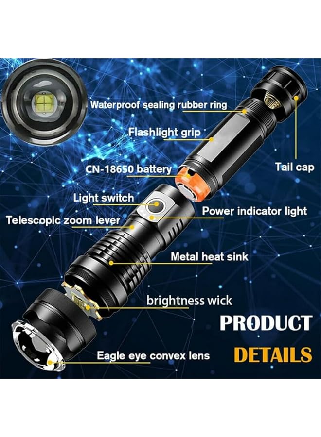 PROMASS promass Rechargeable LED Flashlights High Lumens, 150000 Lumens Super Bright Tactical Handheld Flash Light, Powerful Emergency Linternas, Zoomable, Waterproof, Long Lasting, for Hiking Camping Gift  - Image 4
