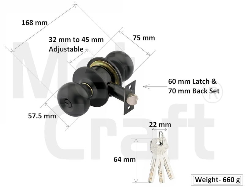 Met Craft SS304 Room Door Knob Lock - with 3 Brass Computerised Key Cylindrical Lock for Bedroom/Main Door/Tubular Door Knob/Handle (Black Matt, 70 mm Backset) - Image 4