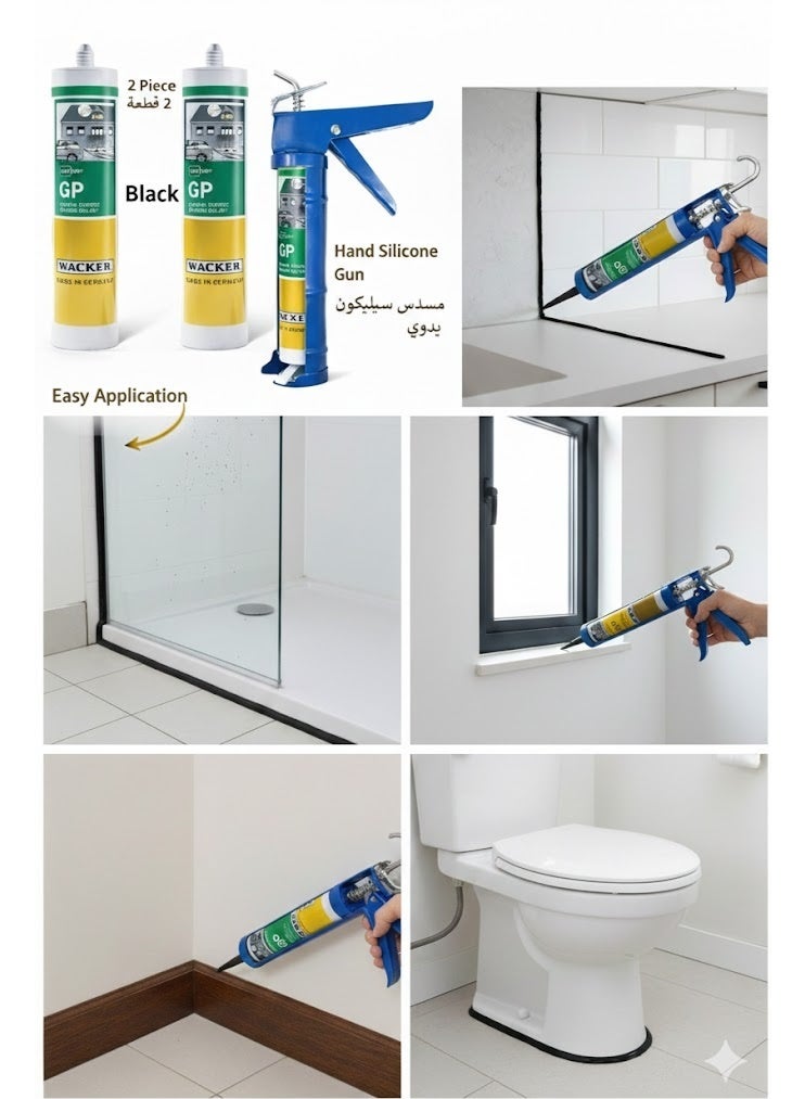 WACKER Hand Caulking Gun Heavy Duty Silicone Glue Gun 9 Inch With 2 Piece Wacker Germany Silicone Sealant General Purpose GP Black 280 ml - Image 2