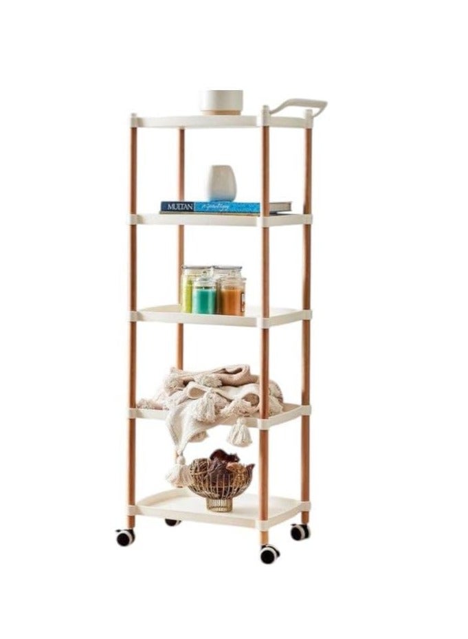 Spaceshoop Plastic Utility Cart, with Handle And Wheels Wooden Legs Storage Table Bedroom Hotel Restaurant Cafe Dining Cart for storage of items in the beauty salon (white, 5 Tier)  - Image 1