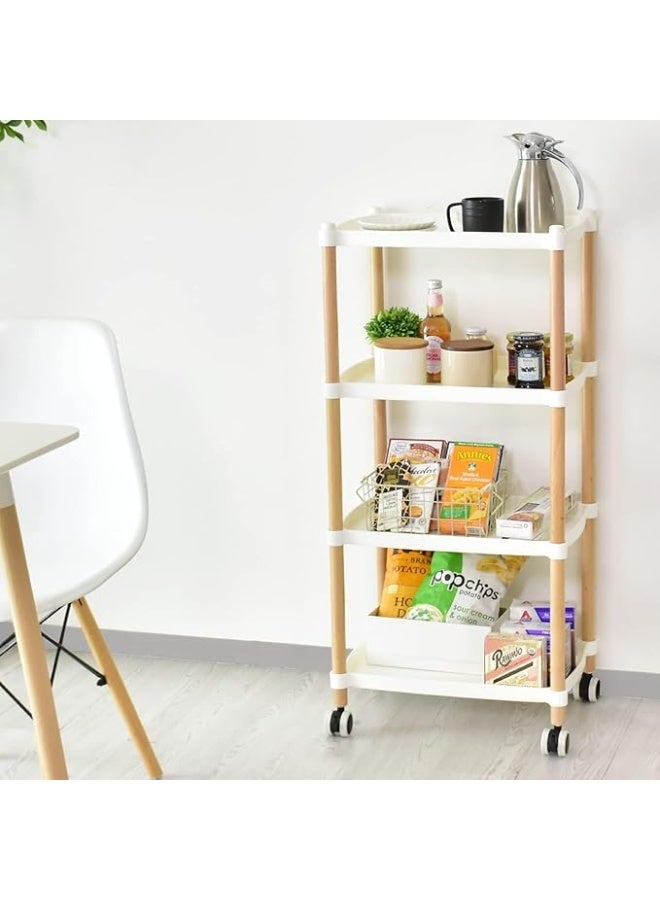 Spaceshoop Plastic Utility Cart, with Handle And Wheels Wooden Legs Storage Table Bedroom Hotel Restaurant Cafe Dining Cart for storage of items in the beauty salon (white, 5 Tier)  - Image 4