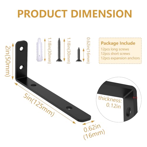 LSK 6PCS L Bracket, Heavy Duty Metal Corner Bracket, 5"×2"(125×50mm) Shelf Support Bracket Max Load : 42lb, Joint Angle Bracket for Wooden Board, Black - Image 2