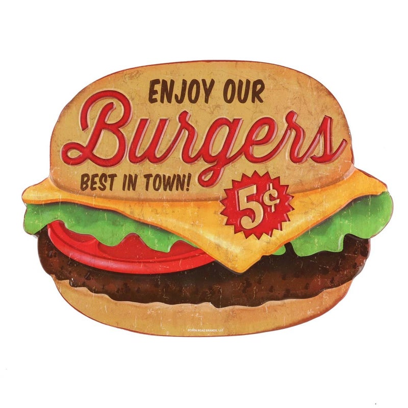 Open Road Brands Enjoy Our Burgers Embossed Metal Sign - Vintage Diner Burgers Sign for Kitchen or Man Cave - Best in Town - Image 1