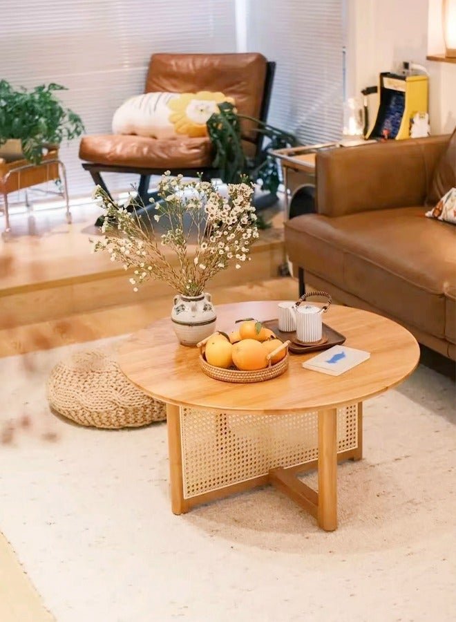 C&C Home Multipurpose Mid Century Design Solid Wood Rattan Coffee Table Round Centre Table for Living Room Home Office 80x40 Cm  - Image 2