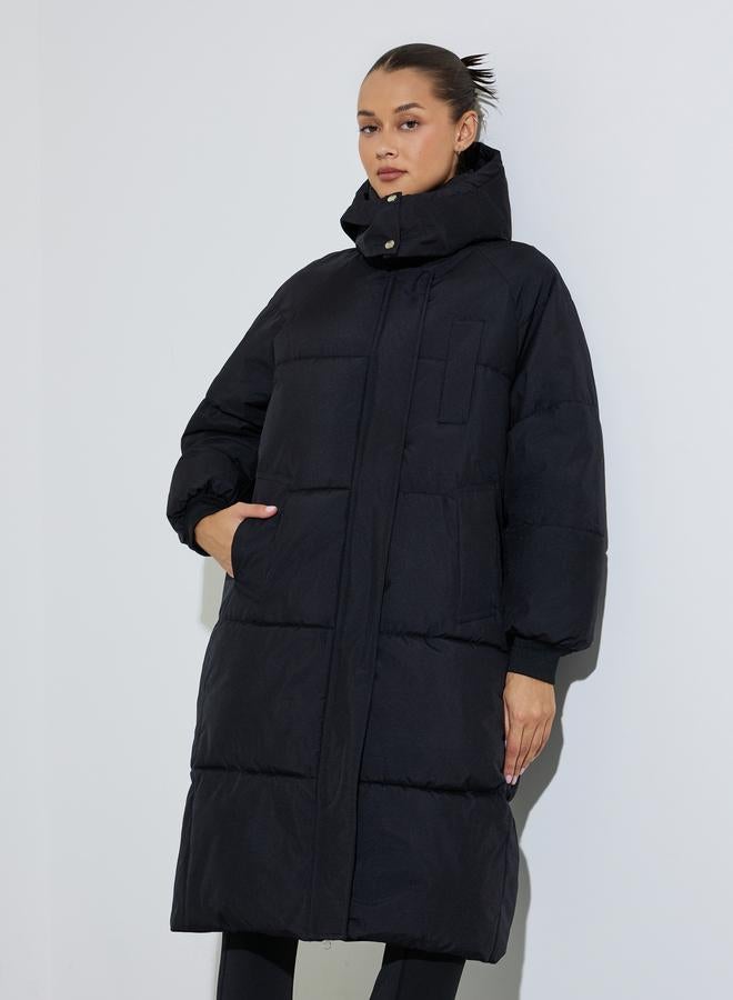 Styli Black Knee-Length Padded Coat With Zip Closure - Image 5