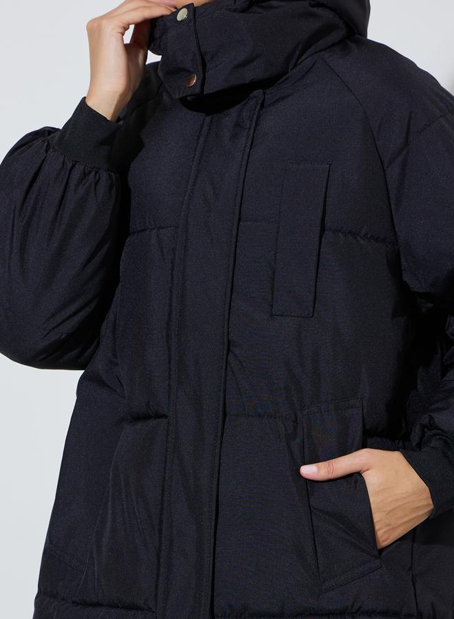 Styli Black Knee-Length Padded Coat With Zip Closure - Image 3