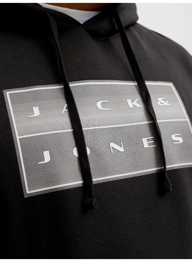 JACK & JONES Black Plus Size Graphic Pullover Hoodie for Men | Best Price UAE