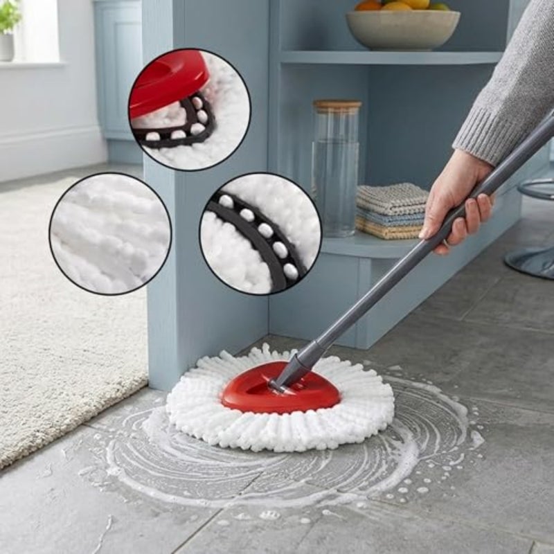 Universal Spin Replacement Kit for floor cleaning: red head base + 4 microfiber refills, 360 rotating round design, wet dry use - Image 2