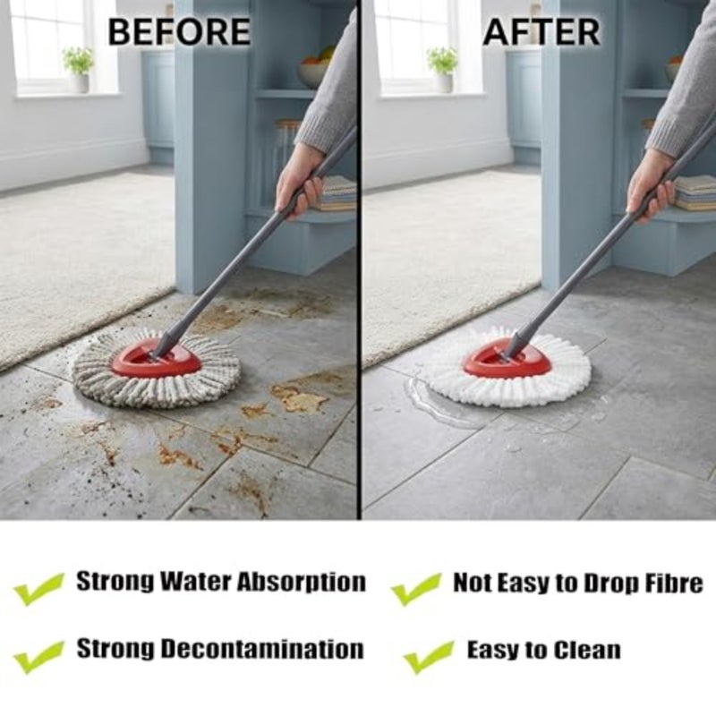 Universal Spin Replacement Kit for floor cleaning: red head base + 4 microfiber refills, 360 rotating round design, wet dry use - Image 3