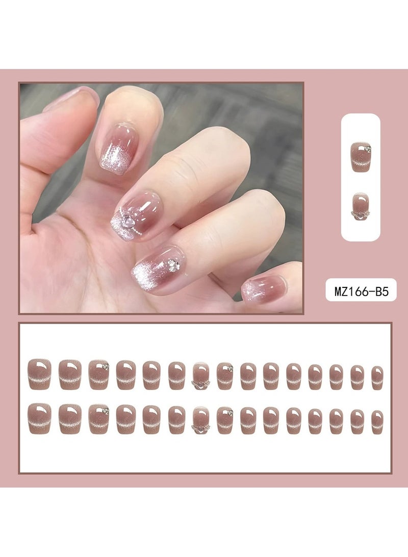 Goolsky 30Pcs Pink Cat Eye Press On Nails Crystal Heart Blush Style Fake Nail Tips  - Image 1
