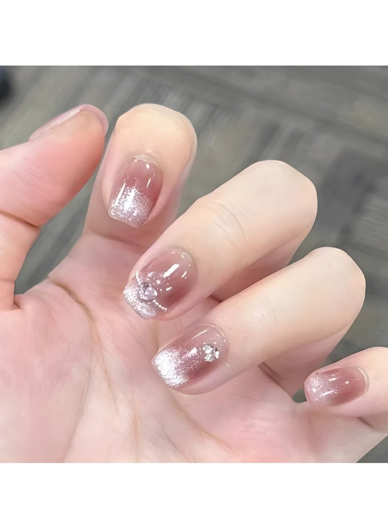 Goolsky 30Pcs Pink Cat Eye Press On Nails Crystal Heart Blush Style Fake Nail Tips  - Image 2