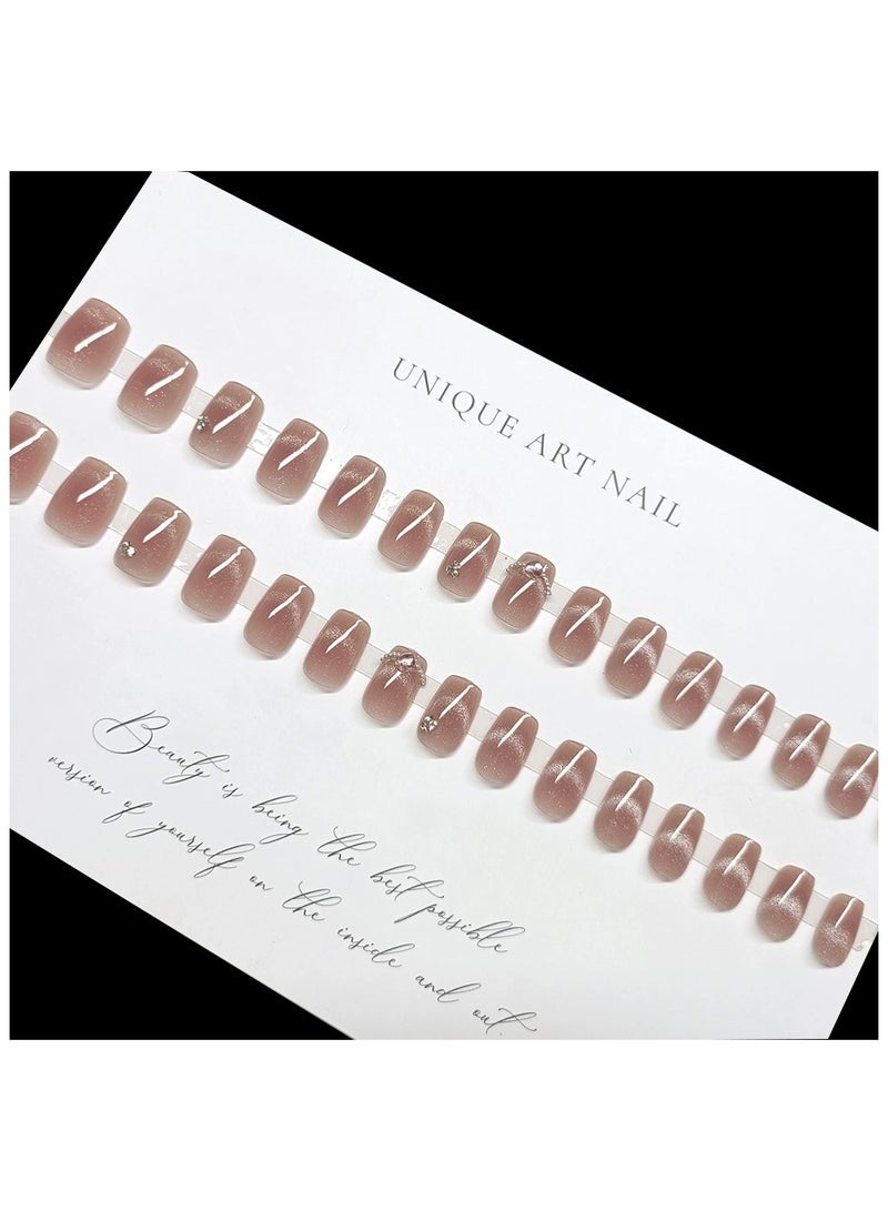 Goolsky 30Pcs Pink Cat Eye Press On Nails Crystal Heart Blush Style Fake Nail Tips  - Image 3