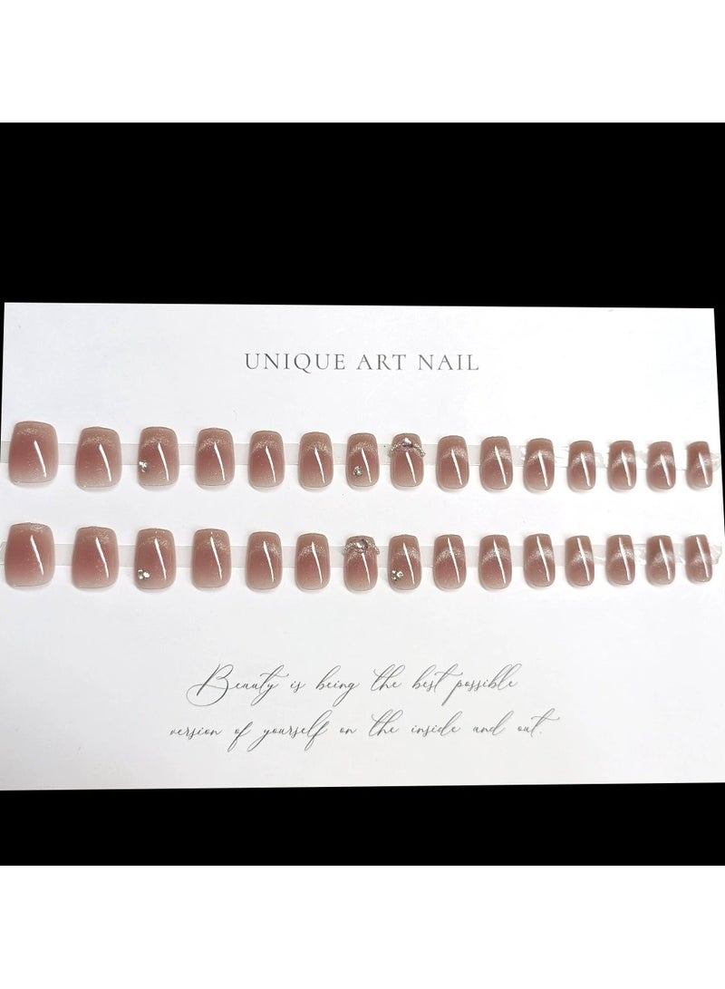 Goolsky 30Pcs Pink Cat Eye Press On Nails Crystal Heart Blush Style Fake Nail Tips  - Image 4