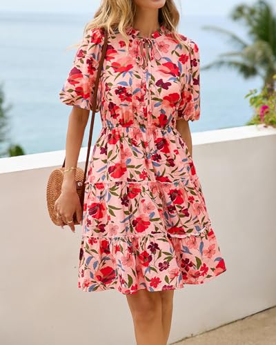 BTFBM Women Summer Floral Short Dresses V Neck Short Sleeve Tiered Ruffle Boho Swing Dress A-Line Mini Dresses(Floral Pink Red,Large) - Image 5