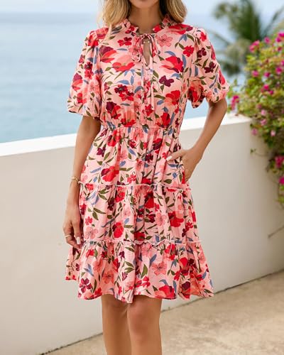 BTFBM Women Summer Floral Short Dresses V Neck Short Sleeve Tiered Ruffle Boho Swing Dress A-Line Mini Dresses(Floral Pink Red,Large) - Image 3