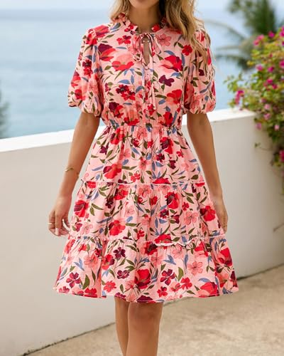 BTFBM Women Summer Floral Short Dresses V Neck Short Sleeve Tiered Ruffle Boho Swing Dress A-Line Mini Dresses(Floral Pink Red,Large) - Image 2