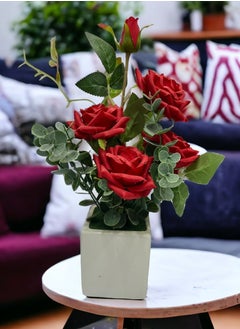 BABAZAM Artificial Rose Flowers With Ceramic Vase Artificial Flowers Decoration For Wedding Office Table Window Living Room Bedroom Party Red 22x8x8cm  - Image 2