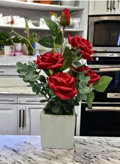 BABAZAM Artificial Rose Flowers With Ceramic Vase Artificial Flowers Decoration For Wedding Office Table Window Living Room Bedroom Party Red 22x8x8cm  - Image 3