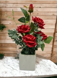 BABAZAM Artificial Rose Flowers With Ceramic Vase Artificial Flowers Decoration For Wedding Office Table Window Living Room Bedroom Party Red 22x8x8cm  - Image 5