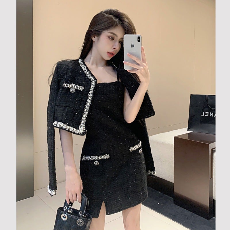 Real shot in stock autumn and winter new small fragrant style fashion all-match vest skirt suit cardigan suit two-piece set Black two-piece set