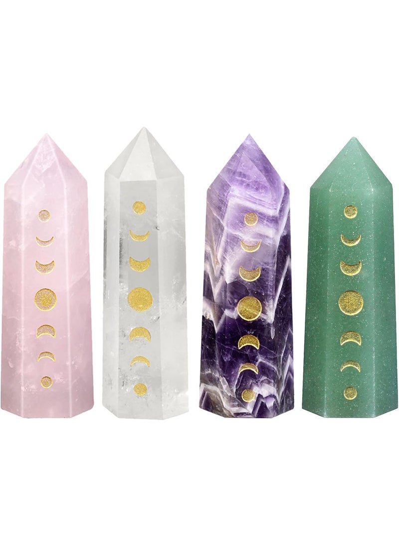 SUNYIK SUNYIK Pack of 4 7 Moon Phare Lunar Eclipase Healing Crystal Wand, Polished Engraved Hexagonal Crystal Point Wand for Meditation Home Decor, Rock Quartz/Rose Quartz/Amethyst/Green Aventurine 