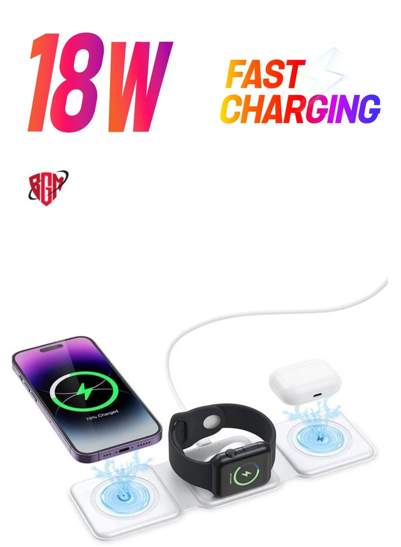 BGM 3 in 1 Wireless Charger, Foldable Magnetic Charger Station, 18W Fast Wireless Charging Pad, Compatible with iPhone 14/13/12/11, Samsung  - Image 1