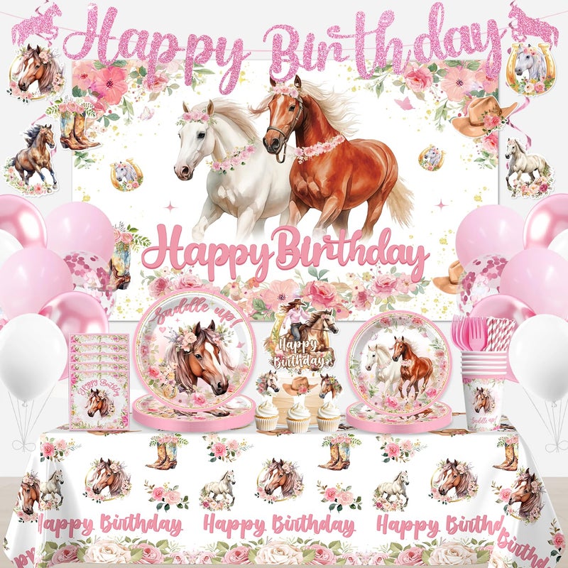 Yingoto 214Pcs Cowgirl Birthday Party Decorations Serve 25 Horse Party Supplies Includes Backdrop Plates Napkins Cups Banner Hanging Swirl Tablecloth Cake Topper for Girl Birthday Decorations - Image 2