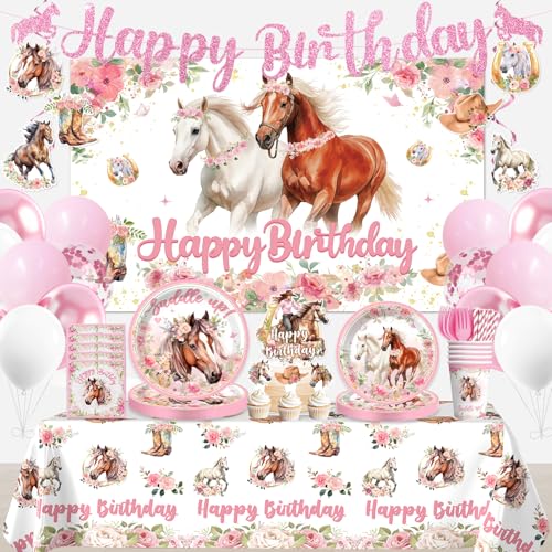 Yingoto 214Pcs Cowgirl Birthday Party Decorations Serve 25 Horse Party Supplies Includes Backdrop Plates Napkins Cups Banner Hanging Swirl Tablecloth Cake Topper for Girl Birthday Decorations - Image 1