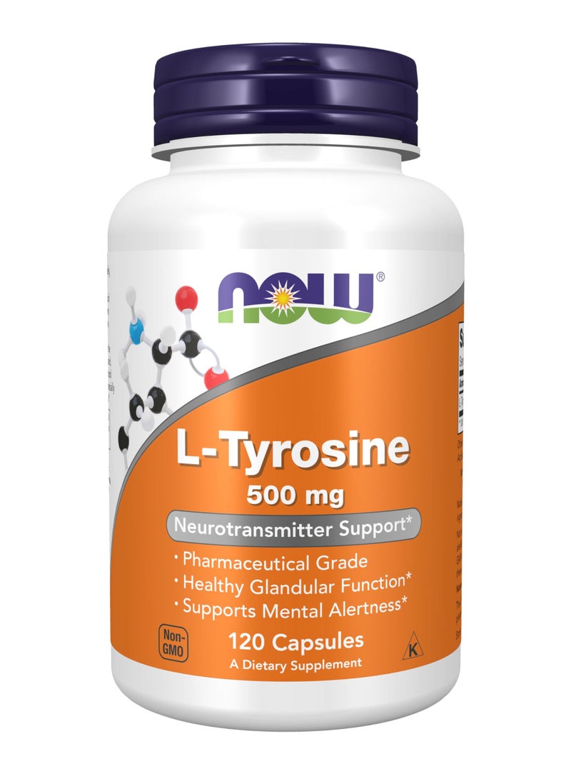 NOW L-Tyrosine 500mg, 120 Capsules, Supports Mental Focus & Mood - Image 1
