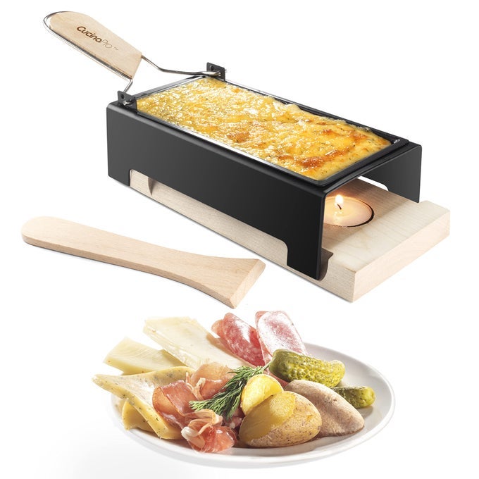 CHEESE RACLETTE W FOLDABLE HANDLE CANDLELIGHT CHEESE MELTER PAN W SPATULA AND 3 TEA LIGHT CANDLES MELTS IN UNDER 4 MINUTES SMALL PORTABLE GREAT FOR DINNER PARTIES APPETIZERS HOUSEWARMING GIFT