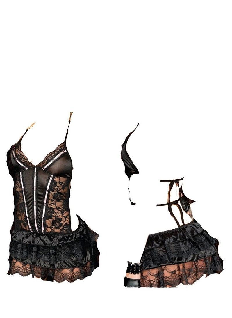 Generic - Women Elegant Lingerie See Through Mesh Babydoll V Neck SleepwearDress with Panty - Image 1
