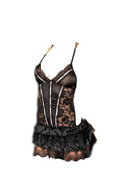 Women Elegant Lingerie See Through Mesh Babydoll V Neck SleepwearDress with Panty